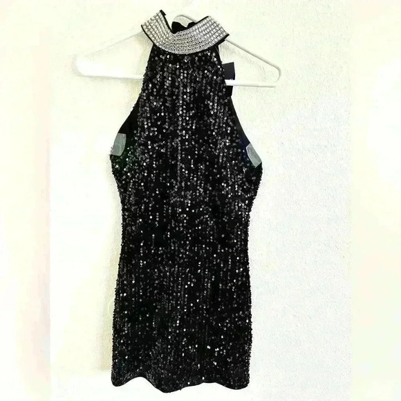 Forever 21 Black Sequin Mini Dress Rhinestone Necklace Style Collar Size Small - Picture 1 of 8